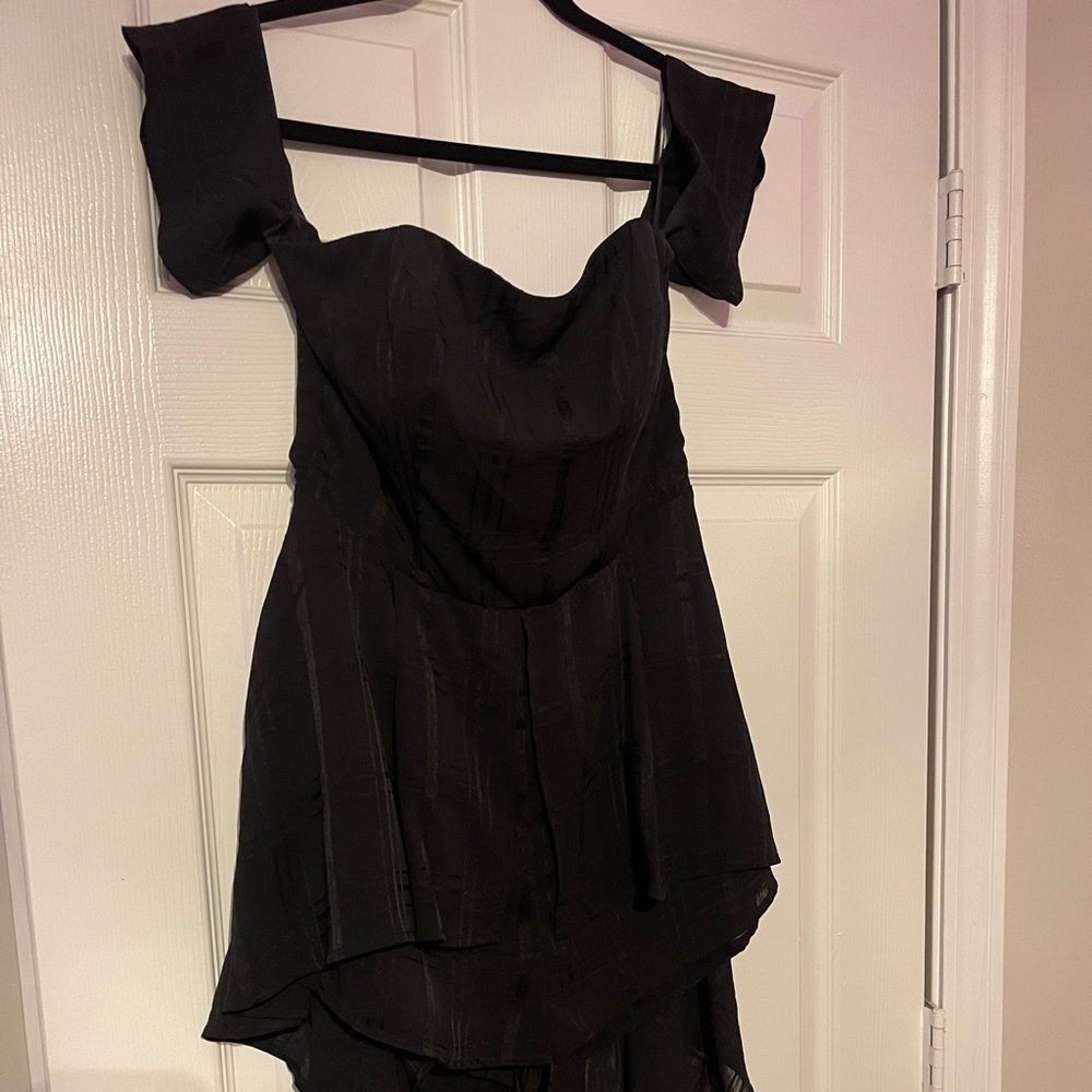 High low off the shoulder black romper